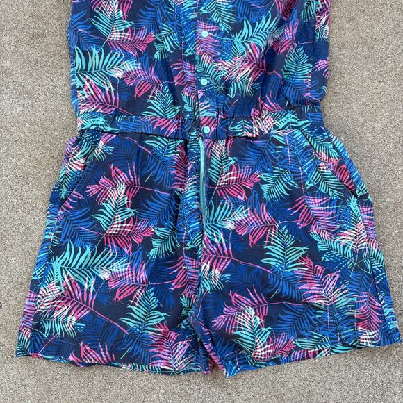 Zesties Romper Mens L Tropical Leaf Print Short Sleeve Blue Pink Green Summer - Picture 3 of 9